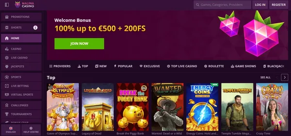 Malina Casino domača stran na mobilnem telefonu